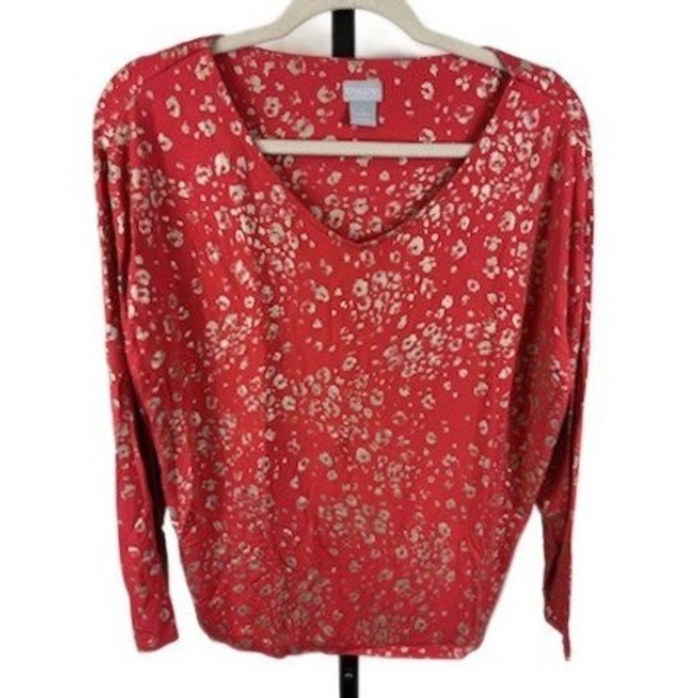Chico's Women's Size 1 Medium 8 10 Red Leopard Print Long Sleeve V-Neck Top
